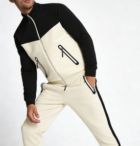 Chándal de invierno para hombre con bloques de color, cuello alto, elástico en cuatro direcciones, peso medio, transpirable, de secado rápido, estampado, con bolsillo con cremallera, ropa deportiva informal. - Product Image 4