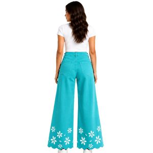 Pantalones Anchos de Mezclilla con Bordado Floral Turquesa para Mujer, Cintura Alta, Algodón, Estilo Palazzo, Personalizados, OEM, Marca Privada, Moda Casual - Product Image 2