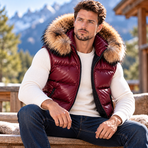 Chaleco de Piel para Hombre, Transpirable, con Capucha de Piel, Talla Grande |   Chaleco Acolchado de Cuero con Capucha de Piel de Zorro para Otoño - Product Image 3