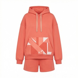 Ensemble 2 pièces pour femmes, sweat-shirt à capuche et short, imprimé géométrique corail, coupe ample, décontracté, pour le printemps et l'été - Product Image 1
