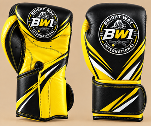 Gants de boxe en cuir noir et jaune Bright Way International avec fermeture Velcro, respirants, équipement d'arts martiaux pour adultes - Product Image 1