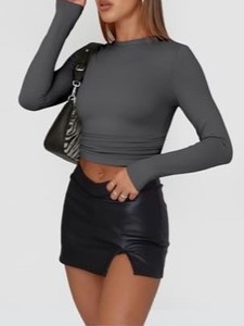 Top Corto de Punto Gris para Mujer, Manga Larga, Cuello Redondo, Color Sólido, Corte Ajustado, Estilo Y2K, Transpirable, para Todas las Temporadas, Venta al Por Mayor - Product Image 5