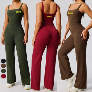 Ropa deportiva para mujer con logo personalizado: Chaleco con tirantes, pantalones acampanados de control de abdomen, ropa de yoga de cintura alta, transpirable y de color liso para gimnasio. - Product Image 1