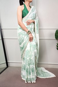 Women White Cotton <b>Saree</b> With Black Hand Drawn Floral Print Traditional Indian Casual Wear Floor Length Regular Fit - Product Image 3
