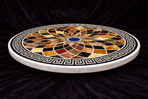 Luxury Round Marble Inlay Table <b>Top</b> Handmade Pietra Dura Floral Lotus Design Semi Precious Stone Inlay White Marble Center Table - Product Image 3