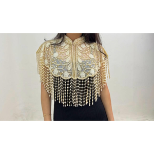 Cape de luxe perlée pour femme, col à franges, accessoire de robe de soirée, couvre-épaules de mariée - Product Image 1
