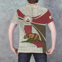 Camiseta de Manga Corta para Hombre con Estampado del Mapa de la Bandera del Estado de California, Corte Regular, Cuello Redondo, Tejido de Punto, 100% Algodón, Ecológica y Transpirable