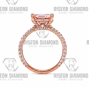 Anillo de compromiso con diamante rosa talla cojín, halo de oro rosa, banda de aniversario con pavé, joyería fina de laboratorio premium, regalo para mujer - Product Image 4