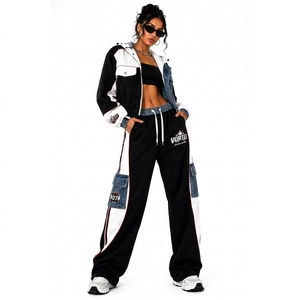 Women's Oversized Street Style Denim Panel Slim Fit Jacket Pants Two Piece <b>Set</b> Cartoon Track <b>set</b> Loose Fit Full Length Track <b>Set</b> - Product Image 1