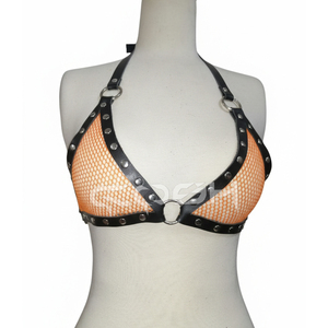 Soutien-gorge en maille orange avec garniture en cuir noir, clous argentés et anneaux en O - Product Image 1