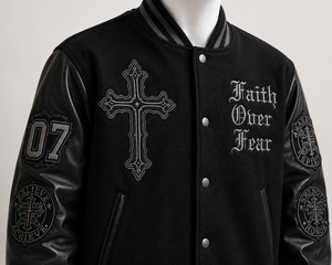 Men's <b>Gothic</b> Varsity <b>Jacket</b> Black PU Leather Embroidered Cross Faith Over Fear Patch Design Turn-down Collar Autumn Wear - Product Image 4