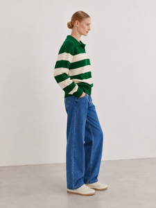 Pull décontracté pour femme en maille rayée verte avec col, color block, anti-plis, en polyester/coton doux et respirant - Product Image 2