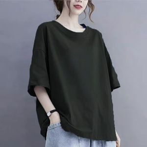 T-shirt ample à manches courtes pour femme, couleur unie, épaules tombantes, col rond, 100% coton tricoté, respirant, toutes saisons - Product Image 4