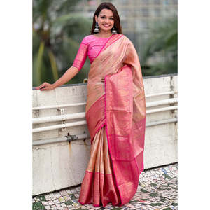 ผ้าไหมเลเฮริยาแบบนุ่มพิเศษ ลายพีช คันจิวารัม ทอแบบดั้งเดิมด้วยด้ายซารี สำหรับชุดอินเดียและปากีสถาน - Product Image 4