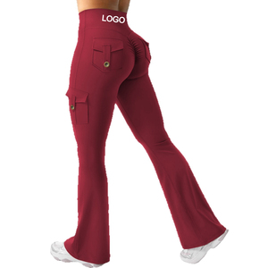 Women's High Waisted <b>Flared</b> Leg Yoga Pants With Cargo Pockets Solid Color Four-Way Stretch Workout <b>Leggings</b> - Product Image 5