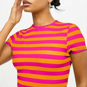 Summer New Women's Striped Crop <b>Top</b> Short Sleeve Crew Neck Slim Fit Casual T-Shirt Pink Orange Knitted Spandex Women Baby TShirt - Product Image 3