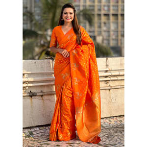 Sari de Seda Suave Naranja con Bordado de Ciervo y Doble Zari Elite Weaves para Mujer, Blusas y Camisas 0.6g - Product Image 4