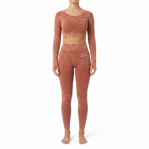 <b>Women</b> Rust Brown Acid Wash Yoga Set Long Sleeve <b>Crop</b> Top High Waist Full Length <b>Leggings</b> Gym Fitness Activewear - Product Image 1