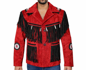 High Quality Men <b>Red</b> & Black Fringe Leather <b>Jacket</b> Vintage Western Boho Style Handmade Custom Color Bulk Order Manufacturer - Product Image 3