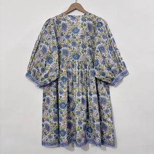 เดรสลำลองผู้หญิงผ้าฝ้ายทอลายดอกไม้ แขนทรงบอลลูน เอวทรงเอ็มไพร์ ทรงเบบี้ดอลล์ ผ้าฝ้าย 100% ทรงหลวม คอวี - Product Image 2