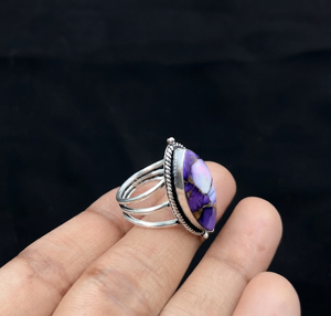 Anillo Marquise de Jaspe Dahlia Morado, Cabujón de Piedra Preciosa Blanca Lavanda, Joyería Vintage de Tono Plateado Estilo Suroeste - Product Image 3