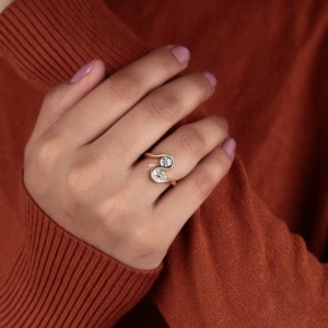 แหวนเพชร Toi Et Moi ทอง 14K แหวนแบบเปิดประดับเพชรทรงกลมและทรงหยดน้ำ แหวนแต่งงานเรียบหรู แหวนขอแต่งงานสุดน่ารัก ของขวัญสำหรับเธอ - Product Image 2