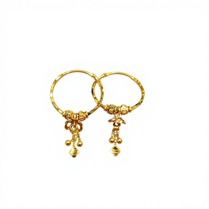 Boucles d'oreilles créoles classiques en or massif 22 carats, style Jhumka indien traditionnel, pendantes, en or jaune véritable, faites à la main pour femme, paire - Product Image 1