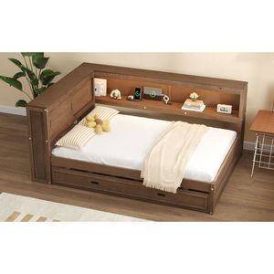 Divano letto antico in legno a grandezza naturale con ripiani portaoggetti, ricarica USB e luci LED, con letto estraibile - Product Image 5