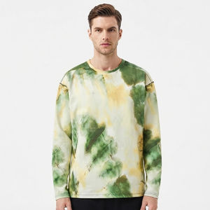 Men's <b>Tie</b>-Dye Long Sleeve O-Neck <b>Knitted</b> Casual T-Shirt Regular Fit Green Yellow Pattern - Product Image 1