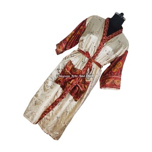 KL017 Beautiful Vintage Blended Poly Silk Sari Kimono Long <b>Robe</b> Double Pocket Nightgown <b>Women</b> Winter Quick <b>Dry</b> Drawstring - Product Image 4