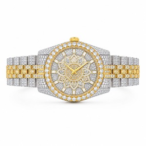 Montre de luxe unisexe avec diamants, boîtier en acier inoxydable, mouvement à quartz analogique, cristal saphir, cadran rond de 44 mm, fermoir papillon - Product Image 1