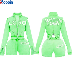 Conjuntos Deportivos Cortos de Verano Estilo Hip Hop para Mujer, 2 Piezas, Chaqueta con Cremallera y Pantalones Cortos, 100% Algodón, Transpirable, de Secado Rápido, Ecológico, Mangas Largas - Product Image 3