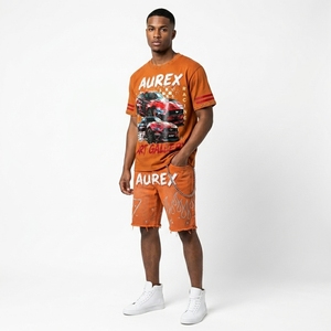 Summer <b>Men's</b> Cropped T Shirt Shorts Set Streetwear <b>Studded</b> Acid Wash 100% Cotton Custom Printed Two Piece Set - Product Image 5