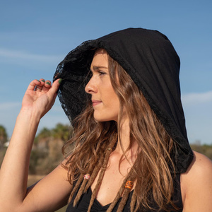 Vestido largo con capucha para mujer, sin mangas, de viscosa, con detalle de cordones y delicado ribete de encaje, vestido largo y fluido - Product Image 2