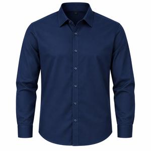 Chemise habillée unie à manches longues pour homme, col montant, 100 % coton tricoté, infroissable, boutons en corne, décontractée, respirante, écologique, ODM - Product Image 1