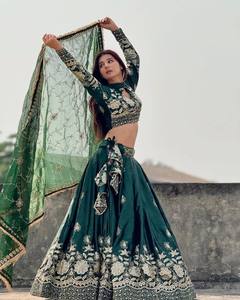 <b>Green</b> Embroidered Lehenga Choli Set Vintage Ethnic Women Dress with <b>Net</b> Dupatta for Wedding Party Winter Wear - Product Image 2