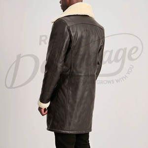 Manteau en cuir véritable marron foncé pour homme, doublure en fausse fourrure, chaud pour l'hiver, long, à double boutonnage, en cuir - Product Image 2