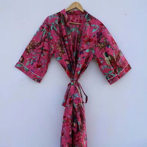 Bata Kimono de Algodón 100% Tejido con Estampado de Dibujos Animados para Mujer, Camisón de Verano Hecho a Mano, Cuello en V, Cintura Elástica, Largo Completo, Suave - Product Image 1