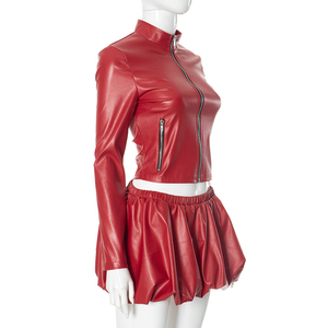 New Fashion Women Clothing Pu Leather Matching Set Casual Short Sleeve <b>Button</b> Top Short <b>Suit</b> Pu Leather 2 Pieces Set - Product Image 3