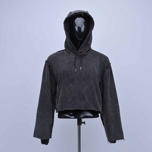 เสื้อฮู้ดครอปทรงหลวมสำหรับผู้หญิง แขนยาว สีพื้น ผ้าฟอกยีนส์ แต่งเชือกผูก ใส่สบาย เหมาะสำหรับฤดูใบไม้ร่วง - Product Image 1