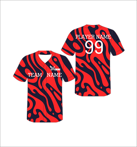 Maillot de baseball personnalisé sublimé, motif abstrait rouge marine, col en V, manches courtes, séchage rapide, uniforme d'équipe pour hommes, entièrement boutonné - Product Image 1