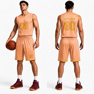 Conjunto de Uniforme de Baloncesto Personalizado Unisex, Sin Mangas, Cuello en V, Absorbe la Humedad, 100% Poliéster, Números Naranja Dorado, Pantalones Cortos con Cordón - Product Image 1