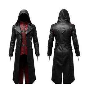 Black & Red Pu Leather <b>Gothic</b> Creed Hooded Coat Leather Steampunk Long Coat For Cosplay High Sell 2026 - Product Image 1