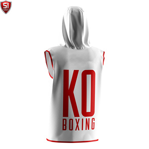 Al por mayor Bata de boxeo sin mangas con capucha para hombre, para entrenamiento de gimnasio y MMA, corte ajustado, talla XL, ropa deportiva con logotipo personalizado, de poliéster y algodón - Product Image 6