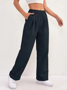 Pantalon droit amincissant taille haute pour femme avec cordon de serrage réglable et taille élastique - Couleur unie lavable en machine - Product Image 6