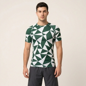Men's Geometric Pattern Compression Shirt Short Sleeve Quick Dry Sporty Fitness Top O-Neck Slim Fit Activewear - Product Image 1