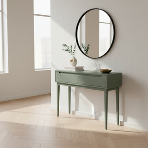 Table console ronde moderne en chêne massif avec 2 tiroirs, meubles de salon écologiques pour les espaces modernes - Product Image 2