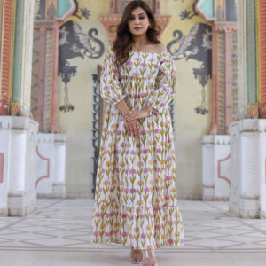ชุดเดรสยาวลำลองผ้าฝ้ายพิมพ์ลายบล็อกอินเดียสำหรับผู้หญิง ระบายอากาศได้ดีและสวมใส่สบาย - Product Image 2