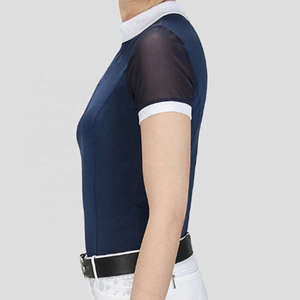 Camisa de equitación para mujer, corte ajustado, que absorbe la humedad, manga corta, color azul marino sólido con ribete blanco - Product Image 3