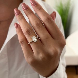 2 Carat Emerald Cut E VVS2 Lab Grown Diamond <b>Thin</b> Engagement <b>Ring</b> ,Knife Profile Dainty Proposal <b>Ring</b> in 14k Gold, IGI Certified - Product Image 1